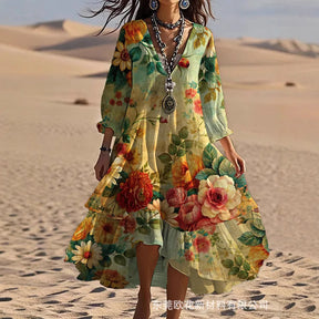 Vestido Feminino Boêmio Estampado de Manga Longa com Babado e Decote em V para Verão e Uso Casual – Le Vie