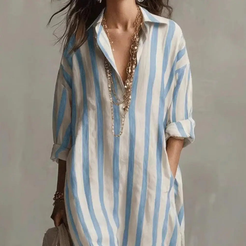 Vestido Feminino Listrado de Verão com Lapela Bolso e Fenda Lateral Corte Solto Manga Longa Estilo Europeu – Le Vie