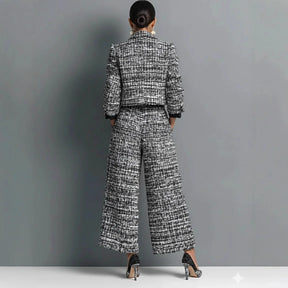 Conjunto Feminino de Jaqueta Curta e Calça Pantalona em Tecido Tweed Premium – Le Vie