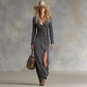 Vestido Maxi Feminino Jeans Vintage Lavado Estilo Boho Western com Manga Longa e Fenda na Barra – Le Vie