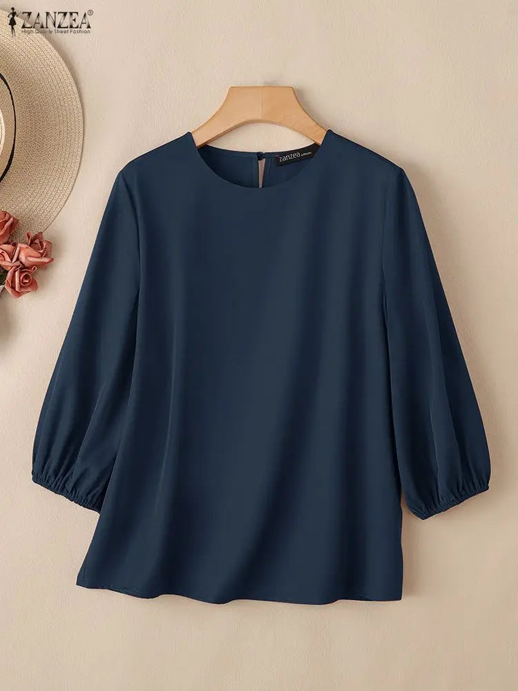 Blusa Feminina Elegante de Manga Lanterna 3/4 em Tecido Sólido para Escritório e Uso Casual Primavera Verão – Le Vie