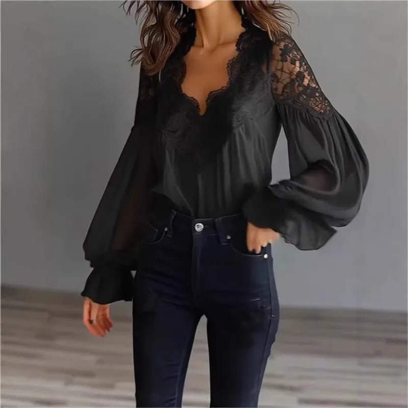 Blusa Feminina com Renda e Manga Bufante Transparente Evasê em Decote V para Primavera e Uso Casual – Le Vie