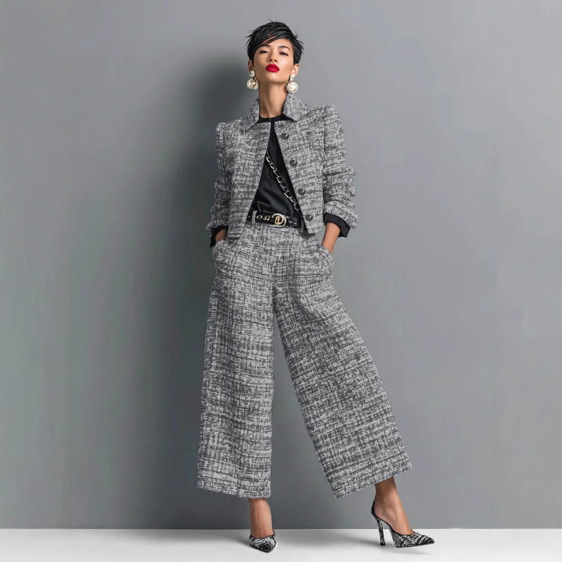 Conjunto Feminino de Jaqueta Curta e Calça Pantalona em Tecido Tweed Premium – Le Vie