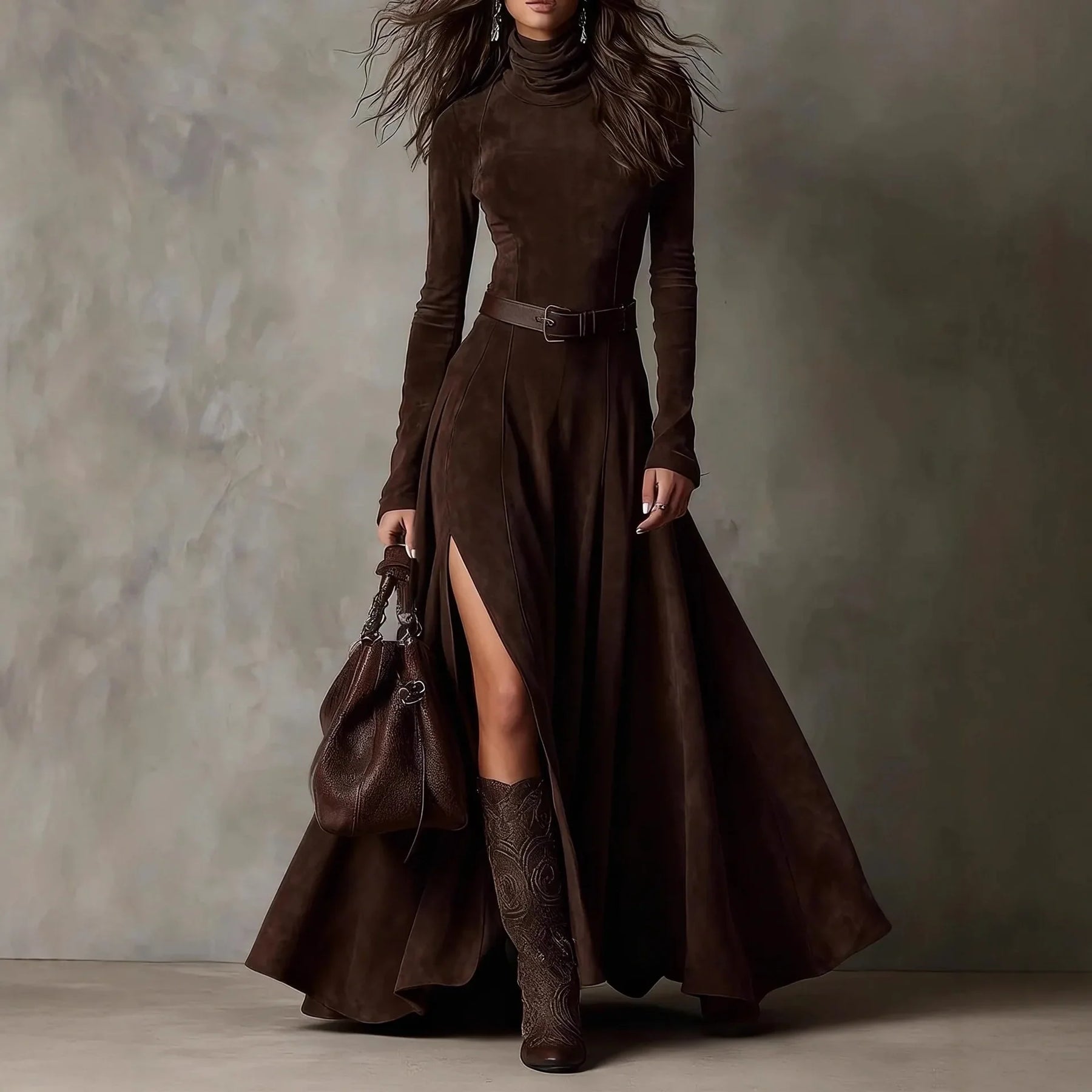Vestido Feminino Longo de Manga Longa com Gola Alta e Fenda em Malha Premium – Le Vie