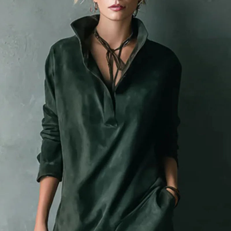 Vestido Feminino Vintage de Camurça Sólida com Colarinho Turn-Down e Botões - Pulôver de Inverno - Manga Longa - Le Vie