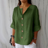 Camisa Feminina Casual Solta de Algodão e Linho com Decote em V e Botões para Escritório e Verão – Le Vie