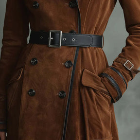 Jaqueta Feminina Longa Estilo Trench Coat em Suede com Cinto – Le Vie