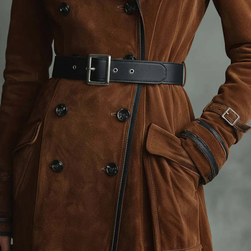 Jaqueta Feminina Longa Estilo Trench Coat em Suede com Cinto – Le Vie