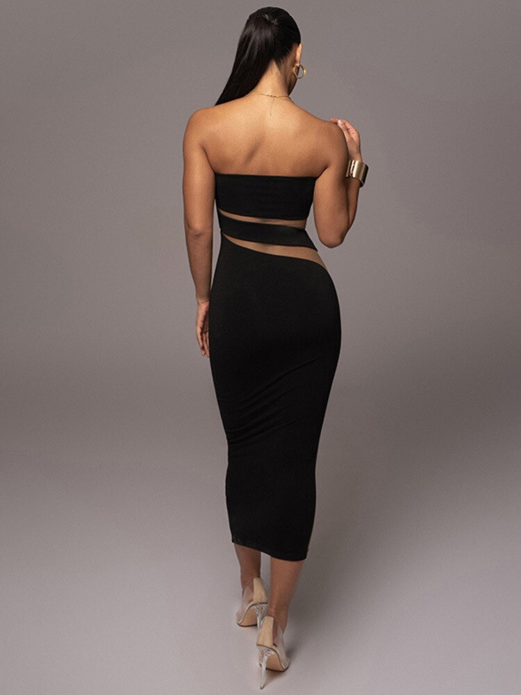 Vestido Midi Tomara que Caia com Recortes Assimétricos e Transparência – Modernidade e Sensualidade na Medida Certa