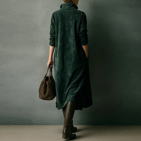 Vestido Feminino Vintage de Camurça Sólida com Colarinho Turn-Down e Botões - Pulôver de Inverno - Manga Longa - Le Vie