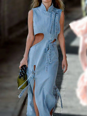 Vestido Longo Feminino Jeans de Cintura Alta Sem Mangas com Recorte Vazado e Fenda Maxi para Festas – Le Vie