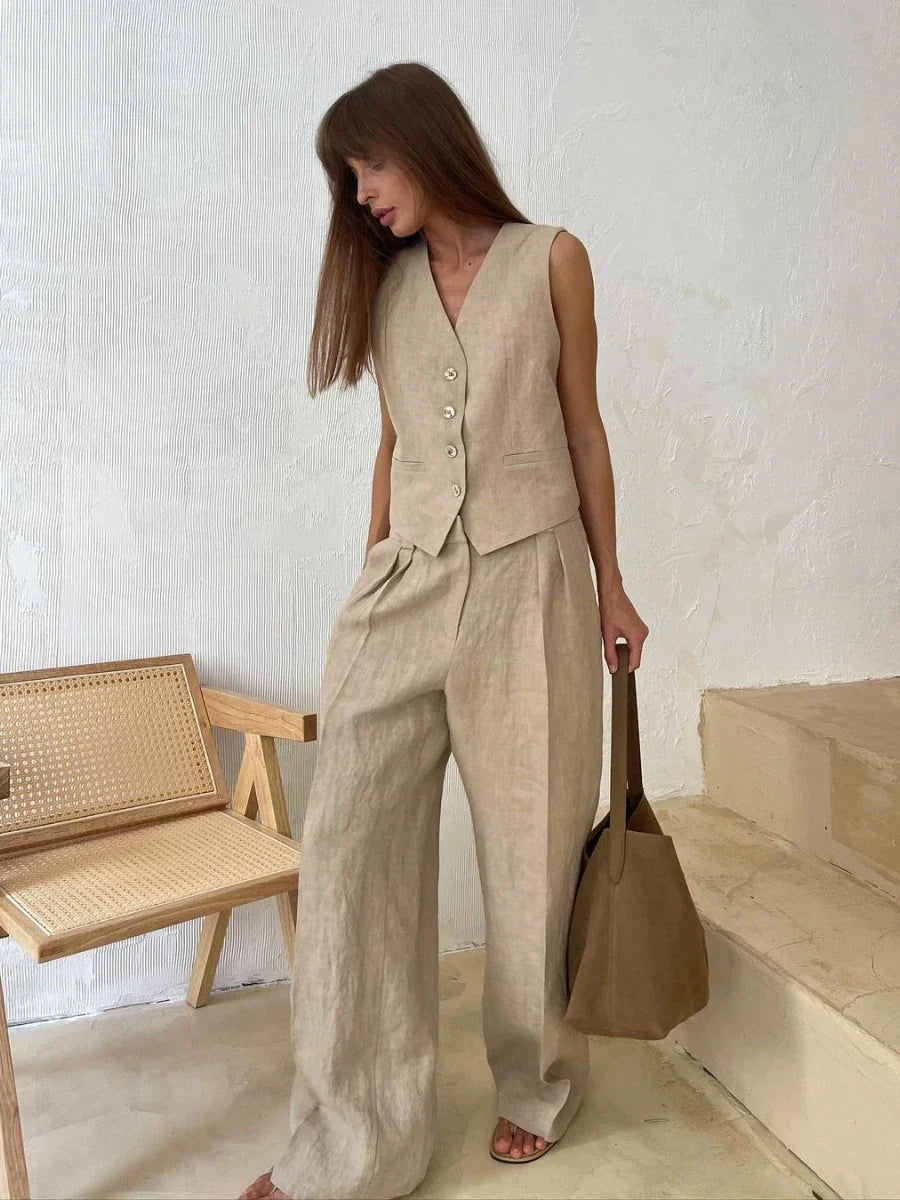 Conjunto Feminino de Colete e Calça em Linho com Algodão Premium – Le Vie
