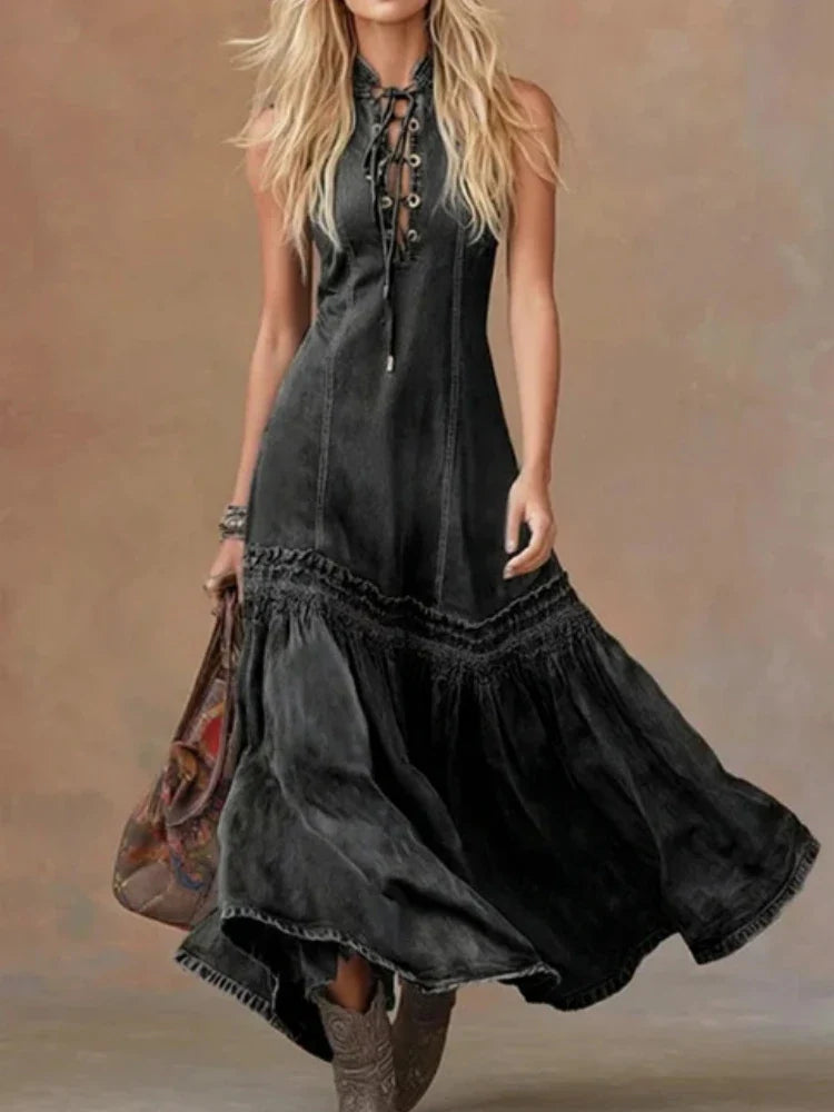 Vestido Longo Feminino Vintage em Jeans com Renda Estilo Sereia Sem Mangas para Verão e Férias Urbanas – Le Vie