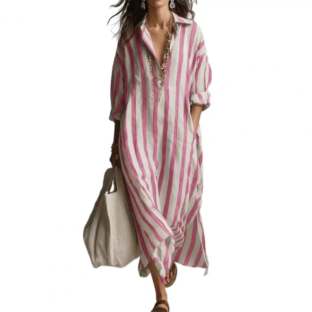 Vestido Feminino Listrado de Verão com Lapela Bolso e Fenda Lateral Corte Solto Manga Longa Estilo Europeu – Le Vie