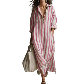 Vestido Feminino Listrado de Verão com Lapela Bolso e Fenda Lateral Corte Solto Manga Longa Estilo Europeu – Le Vie
