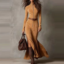 Vestido Longo Feminino Casual O-Pescoço em Camurça com Manga Longa - Lado Split e Cinto Tie-Up - Le Vie