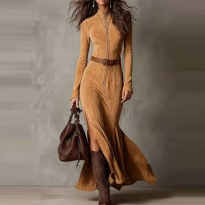 Vestido Longo Feminino Casual O-Pescoço em Camurça com Manga Longa - Lado Split e Cinto Tie-Up - Le Vie