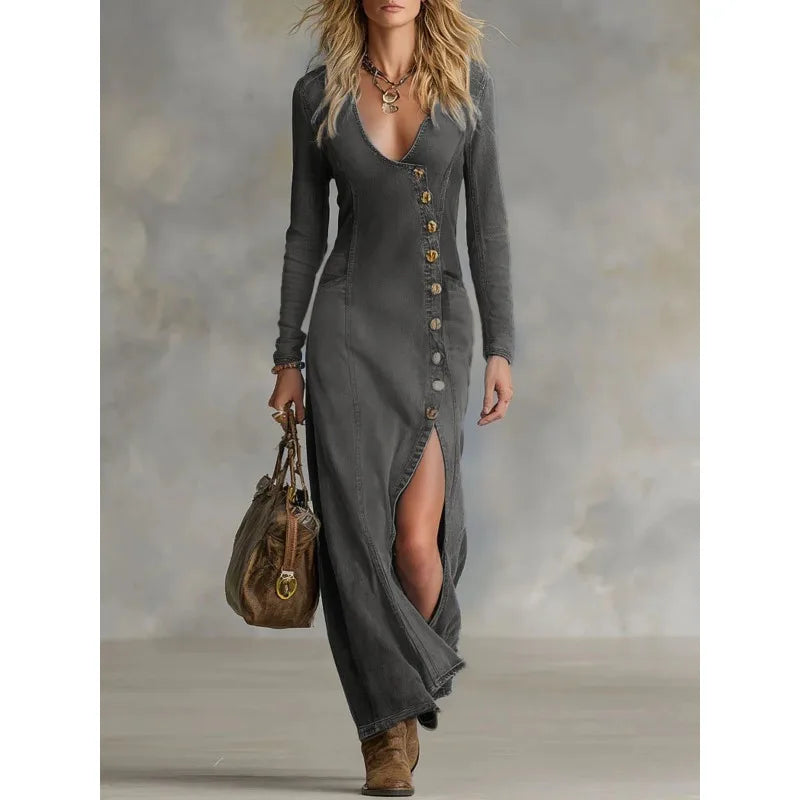 Vestido Maxi Feminino Jeans Vintage Lavado Estilo Boho Western com Manga Longa e Fenda na Barra – Le Vie