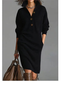 Vestido Feminino Casual de Malha com Botão e Lapela - Manga Longa, Bolsos e Modelagem Solta - Le Vie