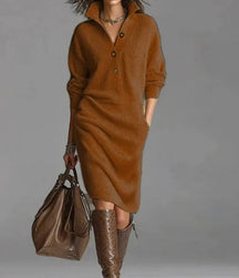Vestido Feminino Casual de Malha com Botão e Lapela - Manga Longa, Bolsos e Modelagem Solta - Le Vie