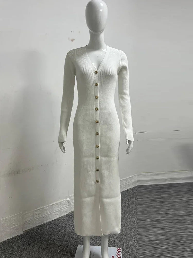 Vestido Longo Feminino em Tricô com Decote V e Fenda Lateral Premium – Le Vie