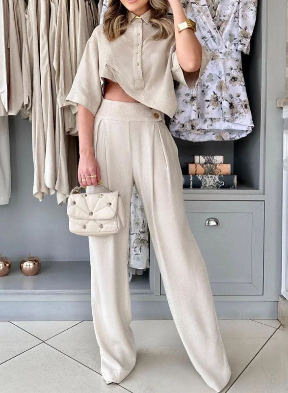 Conjunto Feminino Alfaiataria com Camisa Cropped e Calça Pantalona – Estilo e Sofisticação