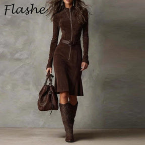 Vestido Midi Elegante de Festa com Zíper e Manga Longa para Outono/Inverno - Moda Feminina para Escritório - Le Vie