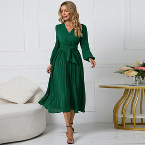 Vestido Midi Plissado com Manga Longa e Cinto Faixa – Elegância Atemporal para Todas as Ocasiões
