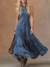Vestido Longo Feminino Vintage em Jeans com Renda Estilo Sereia Sem Mangas para Verão e Férias Urbanas – Le Vie