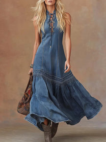 Vestido Longo Feminino Vintage em Jeans com Renda Estilo Sereia Sem Mangas para Verão e Férias Urbanas – Le Vie