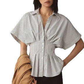 Blusa Feminina Listrada Estilo Coreano com Manga Batwing Curta e Lapela para Escritório e Verão – Le Vie