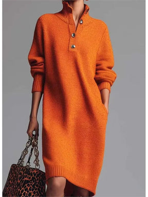 Vestido Feminino Casual de Malha com Botão e Lapela - Manga Longa, Bolsos e Modelagem Solta - Le Vie
