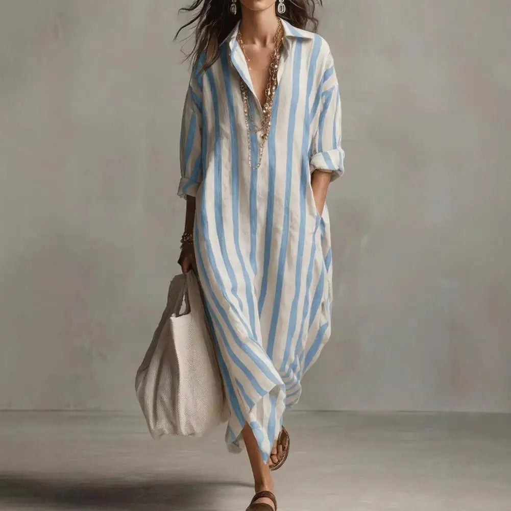 Vestido Feminino Listrado de Verão com Lapela Bolso e Fenda Lateral Corte Solto Manga Longa Estilo Europeu – Le Vie