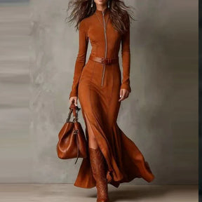 Vestido Longo Feminino Casual O-Pescoço em Camurça com Manga Longa - Lado Split e Cinto Tie-Up - Le Vie