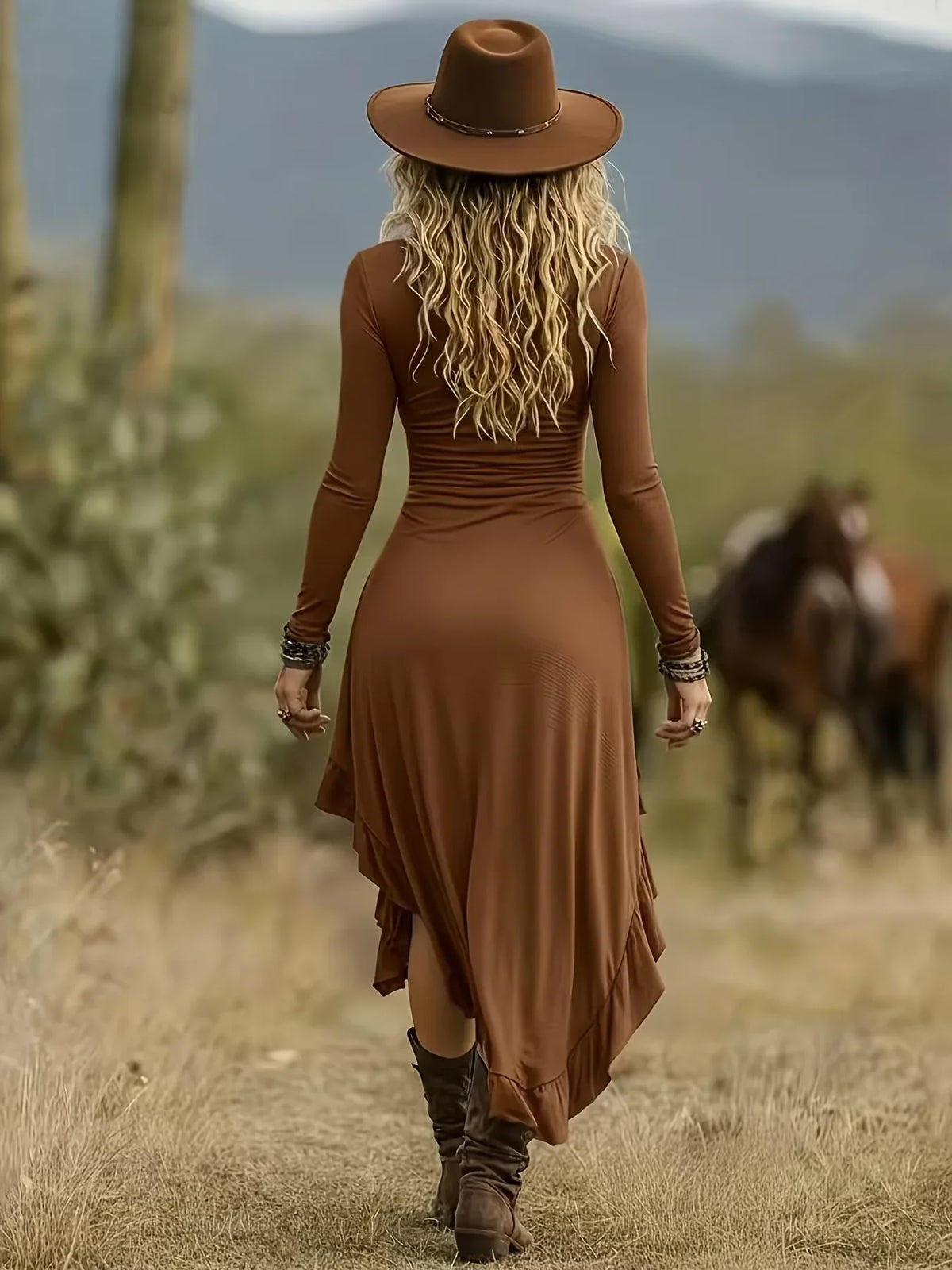 Vestido Feminino Étnico Retro de Manga Longa em Denim com Influência Ocidental Essencial para o Guarda-Roupa – Le Vie