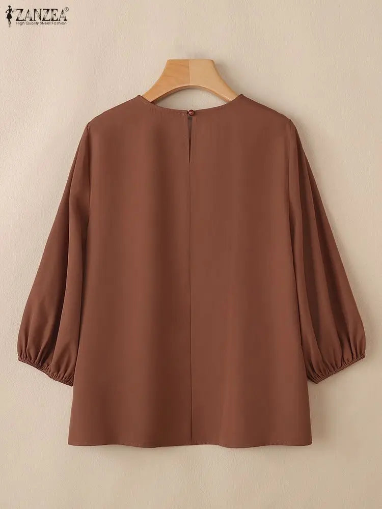 Blusa Feminina Elegante de Manga Lanterna 3/4 em Tecido Sólido para Escritório e Uso Casual Primavera Verão – Le Vie