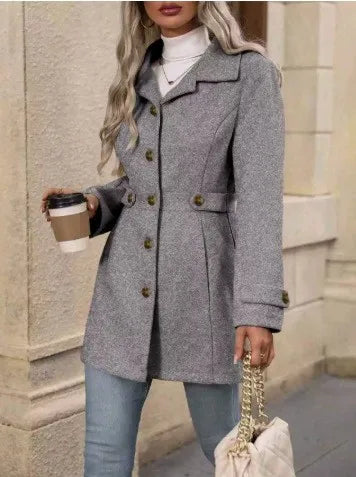 Blazer Feminino de Lã Comprimento Médio com Lapela e Botões Ajustáveis – Outono Inverno Le Vie