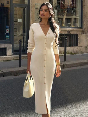 Vestido Longo Feminino em Tricô com Decote V e Fenda Lateral Premium – Le Vie
