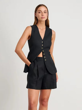 Conjunto Feminino Colete e Shorts em Linho com Algodão Premium Casual Chic – Le Vie