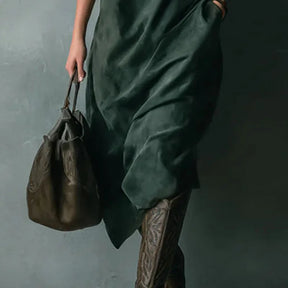 Vestido Feminino Vintage de Camurça Sólida com Colarinho Turn-Down e Botões - Pulôver de Inverno - Manga Longa - Le Vie