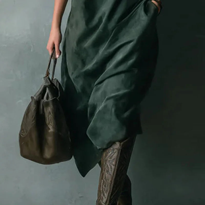 Vestido Feminino Vintage de Camurça Sólida com Colarinho Turn-Down e Botões - Pulôver de Inverno - Manga Longa - Le Vie