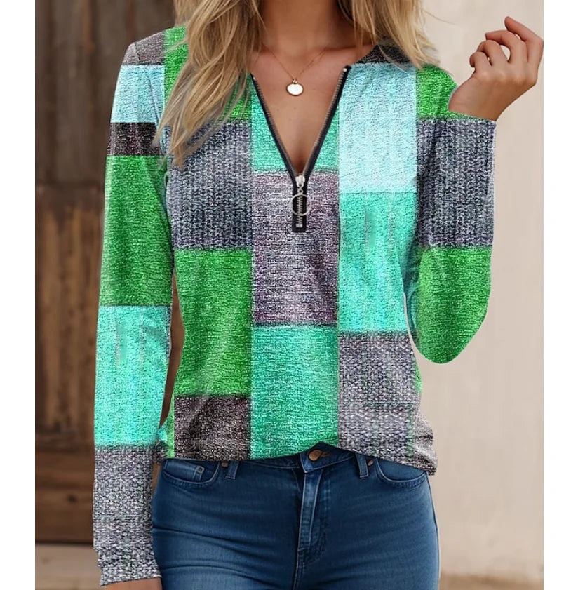 Blusa Feminina de Primavera e Outono com Zíper e Decote em V - Manga Longa - Solta e Confortável - Le Vie
