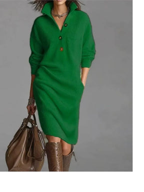 Vestido Feminino Casual de Malha com Botão e Lapela - Manga Longa, Bolsos e Modelagem Solta - Le Vie