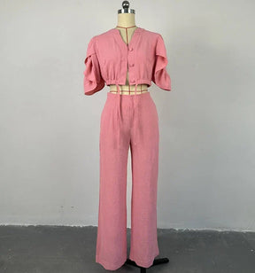 Conjunto Feminino Rosa Cropped e Calça Pantalona – Elegância e Conforto