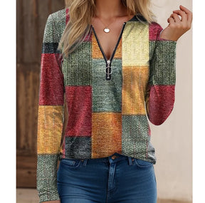 Blusa Feminina de Primavera e Outono com Zíper e Decote em V - Manga Longa - Solta e Confortável - Le Vie