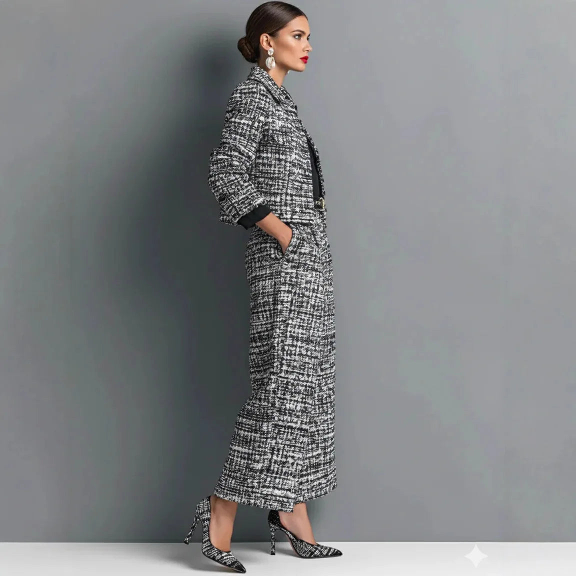 Conjunto Feminino de Jaqueta Curta e Calça Pantalona em Tecido Tweed Premium – Le Vie