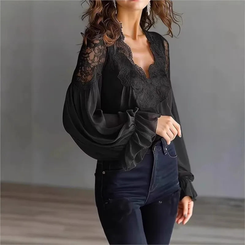 Blusa Feminina com Renda e Manga Bufante Transparente Evasê em Decote V para Primavera e Uso Casual – Le Vie
