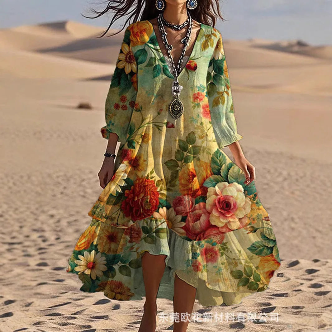 Vestido Feminino Boêmio Estampado de Manga Longa com Babado e Decote em V para Verão e Uso Casual – Le Vie