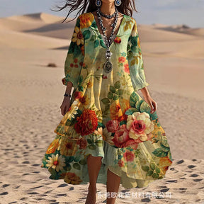 Vestido Feminino Boêmio Estampado de Manga Longa com Babado e Decote em V para Verão e Uso Casual – Le Vie