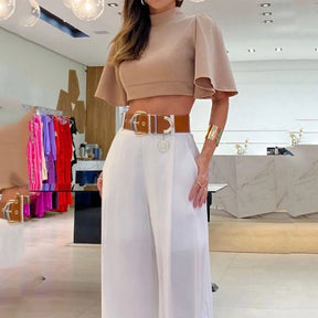 Conjunto Feminino Cropped Manga Flare com Calça Pantalona de Alfaiataria
